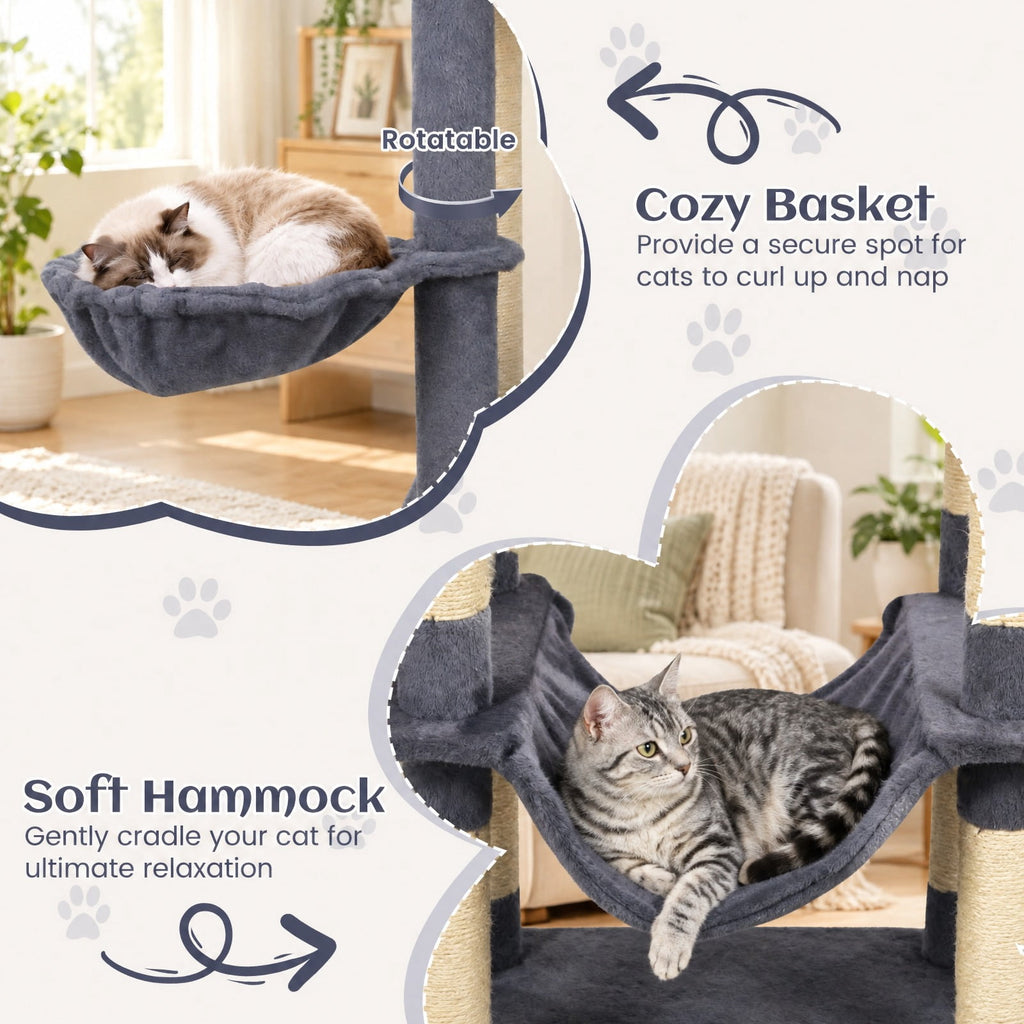 Airfind 80 Inches Tall Cat Tree with 2 Large Condos and Dangling Toys, 33 lbs Capacity, Engineered Board Sisal Plush Fabric Sponge Frame, Dark Gray