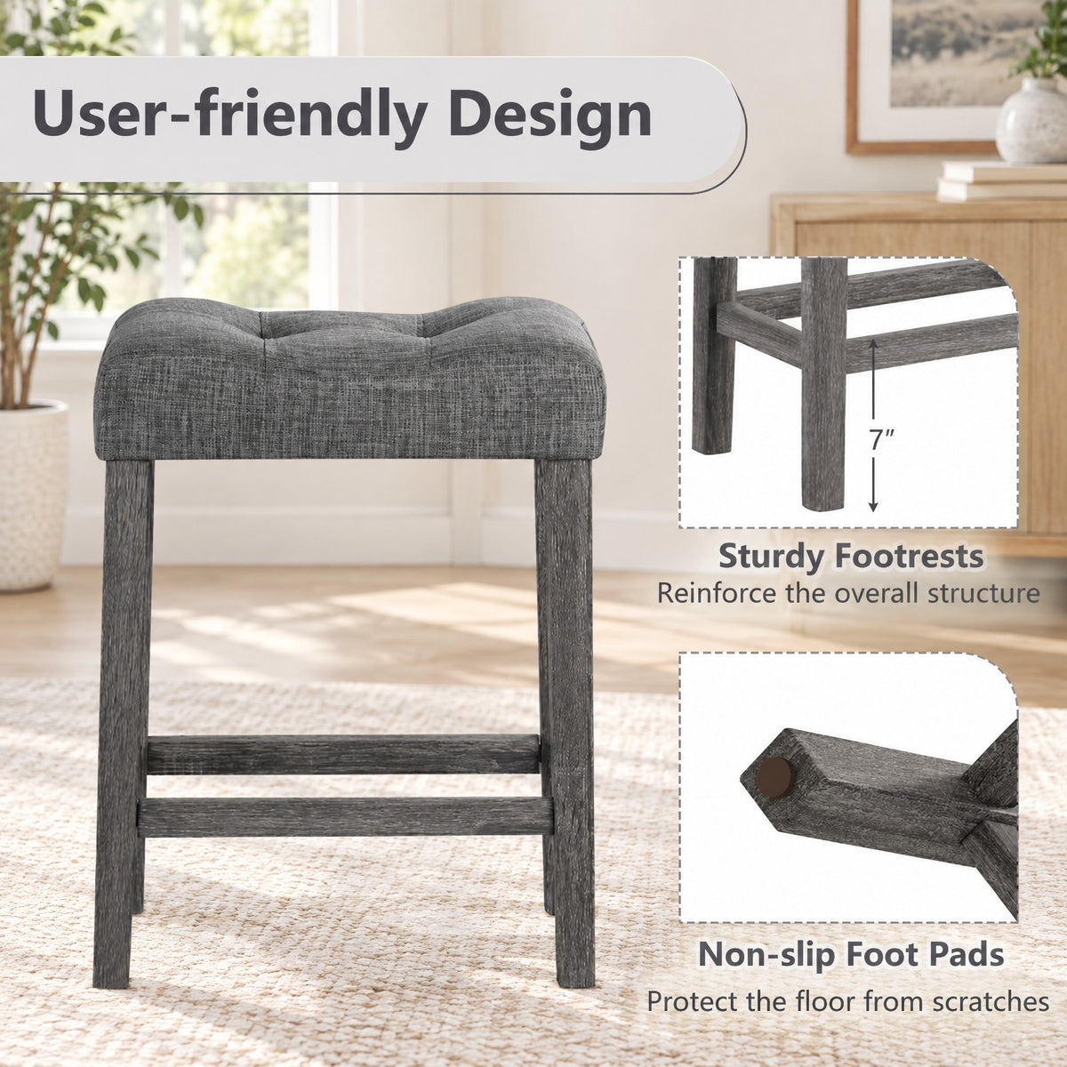 Airfind 24 Inch Set of 2 Saddle Bar Stools with Padded Seat, 350 lbs Capacity, Linen Fabric Sponge Rubber Wood MDF Frame, Gray