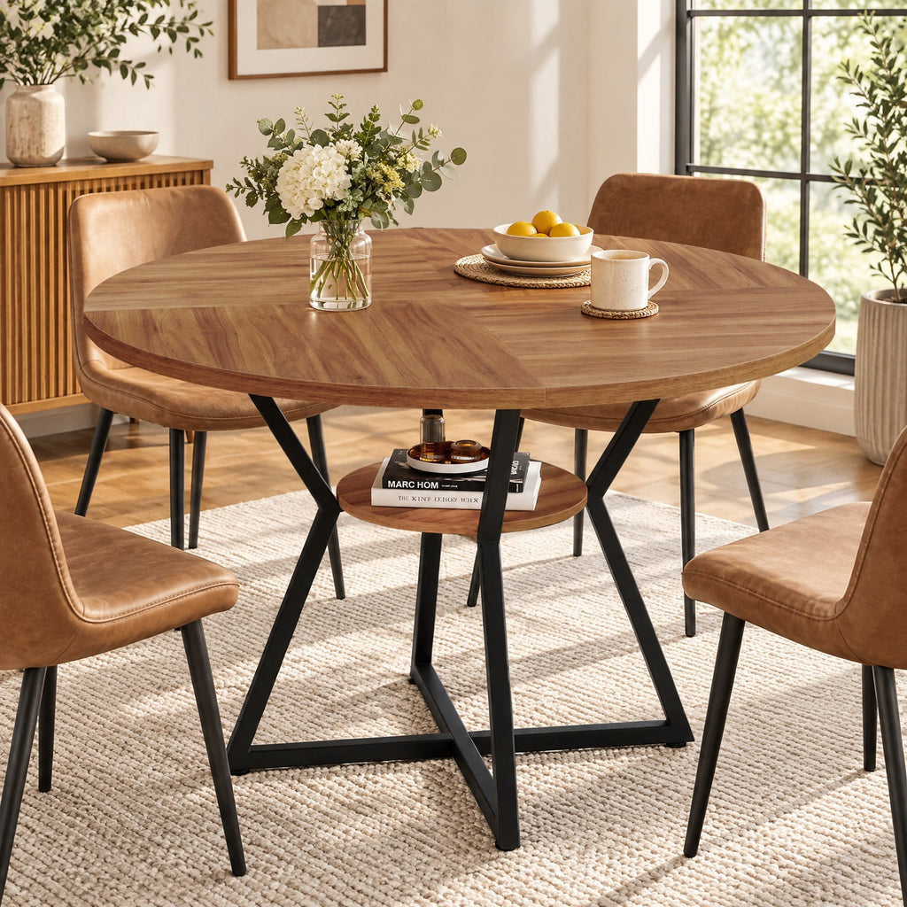 Airfind 47in Round Dining Table for 4 with Storage Shelf, 200 lbs Capacity, MDF Metal Frame, 47in x 30in Footprint, Brown