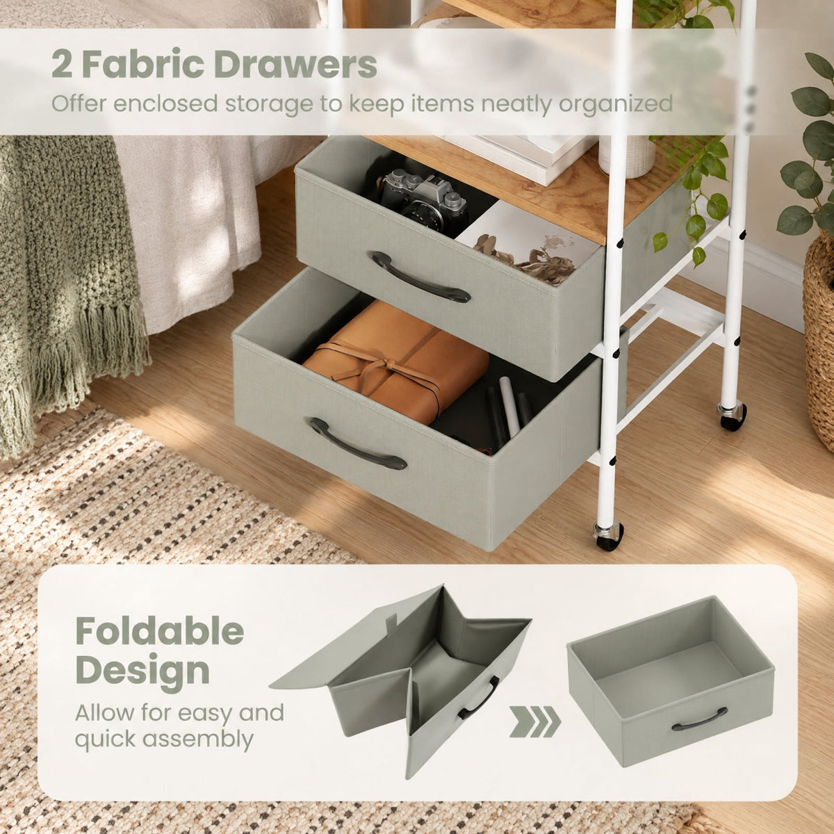 Airfind Rolling Utility Storage Cart with 2 Open Shelves and 2 Fabric Drawers, 22 lbs Capacity, Metal Engineered Wood Non-woven Fabric Frame