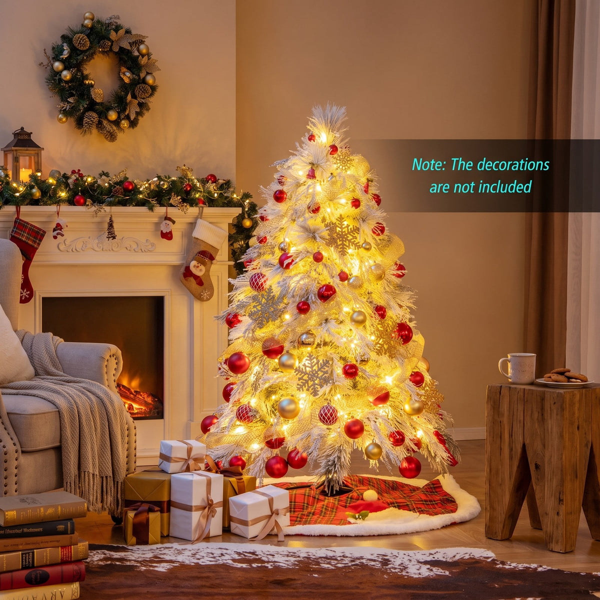 Airfind 4.5/6/7 Feet Pre-Lit Snow Flocked Christmas Tree with Warm White LED Lights-4.5 ft, White, Diameter of Stand 20/18/16 Inch