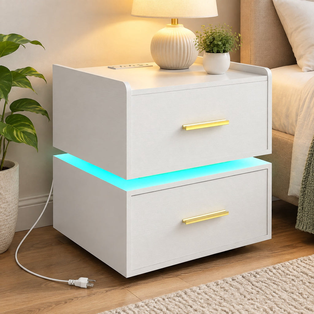 Airfind Nightstand with Charging Station LED Bedside Table with 2 Storage Drawers, 77 lbs Capacity, Engineered Wood MDF Metal Frame, White