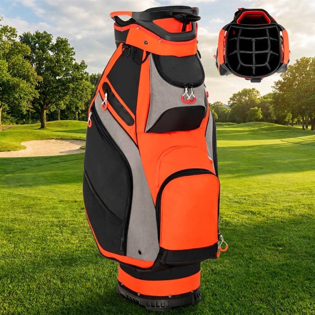 Airfind Golf Cart Bag with 9-Way Top and Insulated Cooler Pocket featuring matching headcovers with a velour-lined valuables pocket for cart-mounted rounds, Red