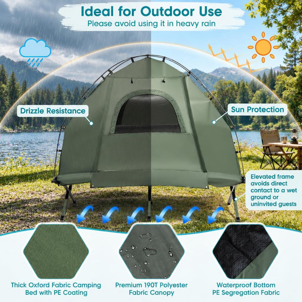 Airfind 1-Person Folding Camping Tent with Sunshade and Air Mattress, 300 lbs Capacity, 77 Inch x 35 Inch x 66 Inch Footprint, Green