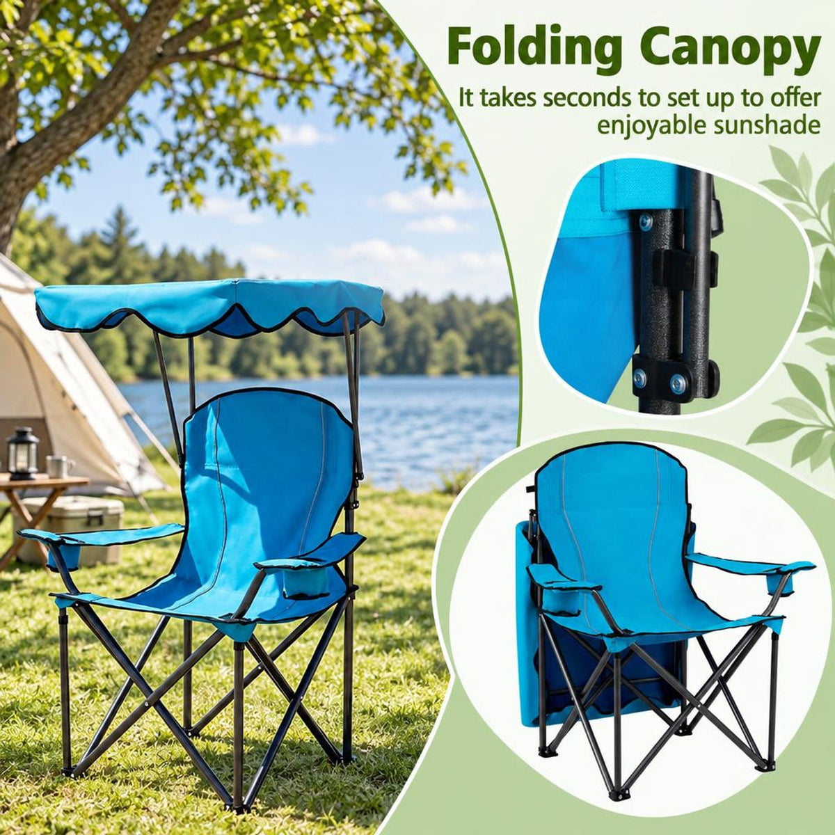 Airfind Portable Folding Beach Canopy Chair with Cup Holders, 265 lbs Capacity, Steel tubes Frame, 38 x 26.5 x 51 Footprint, Light Blue