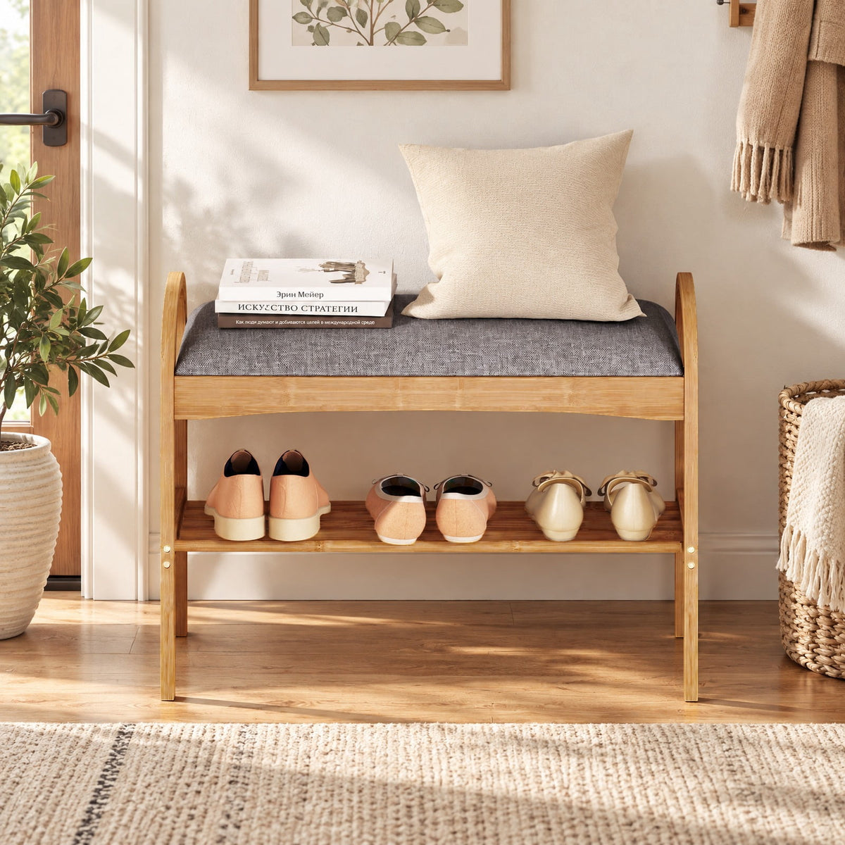 Airfind 2-Tier Bamboo Shoe Bench with Padded Cushion and Shelf, 330 lbs Capacity, Bamboo Polyester Fabric Sponge Frame, Gray
