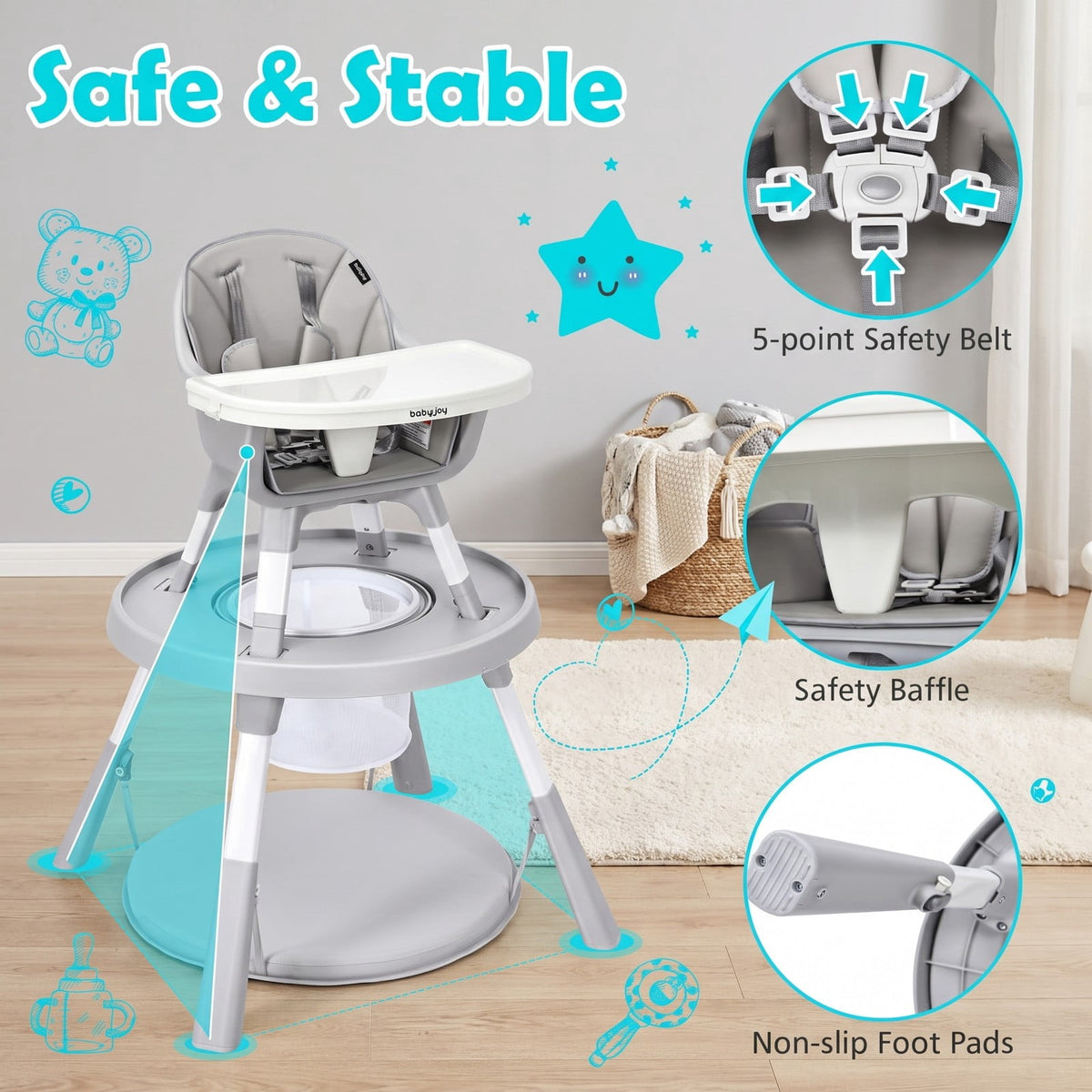 Airfind 5-in-1 Baby Highchair with Height Adjustable and 2-Tier Tray Storage Busket, Iron PP ABS Frame, 26 x 25 x 36.5 Footprint, Gray