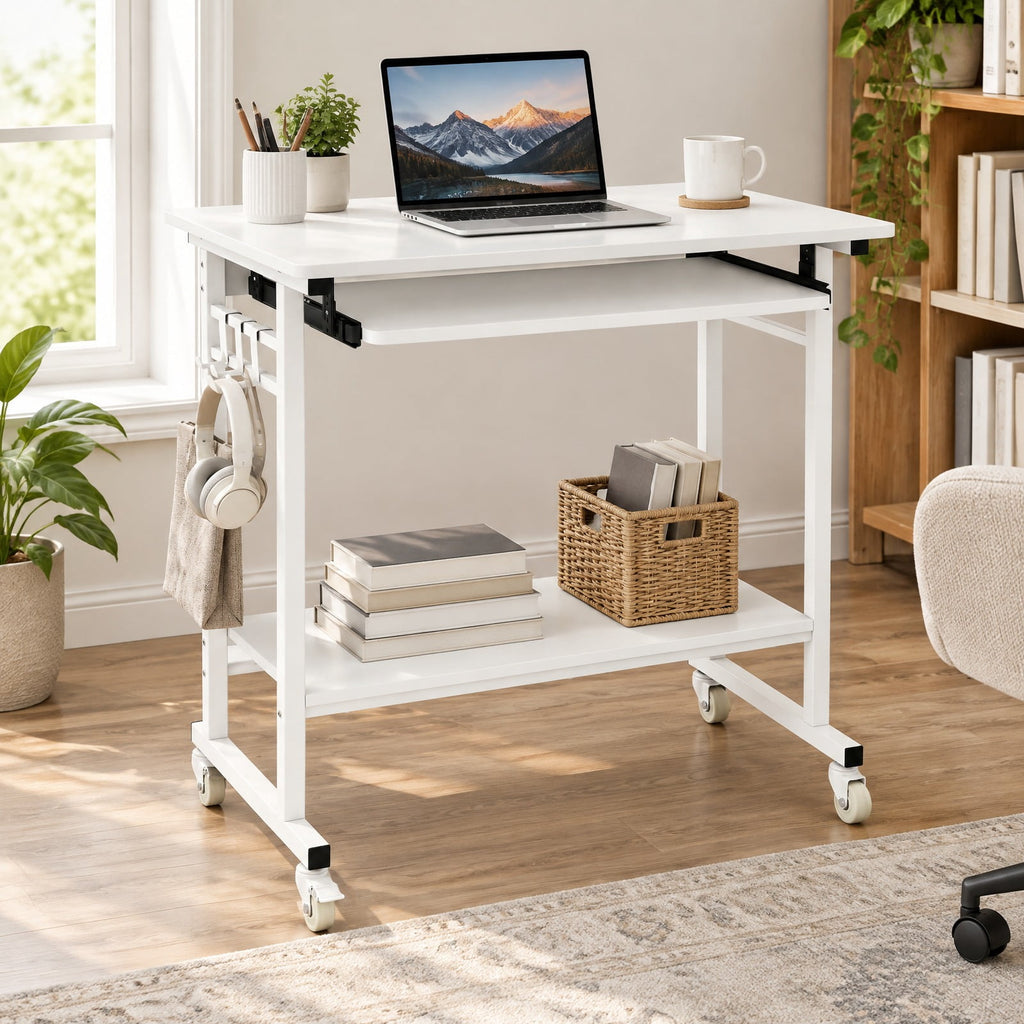Airfind Rolling Laptop Table with Pull-out Keyboard Tray and Hooks, Engineered Wood Metal Frame, 31.5 x 19.5 x 31 Footprint, White