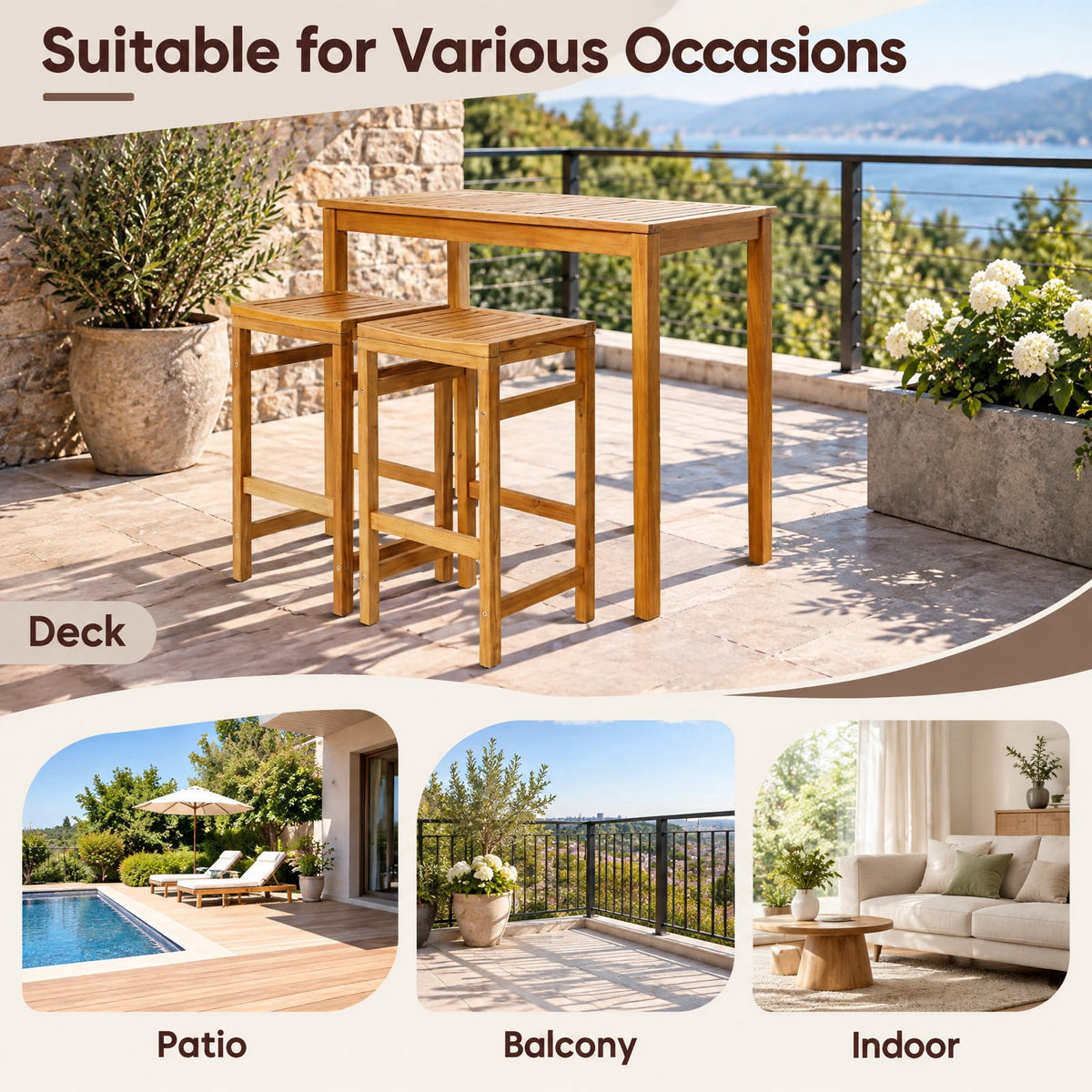 Airfind Rectangular Indoor and Outdoor Bar Height Table for Garden, 45 x 24 x 39.5Weight Footprint, TeakMaterial Acacia WoodOverall