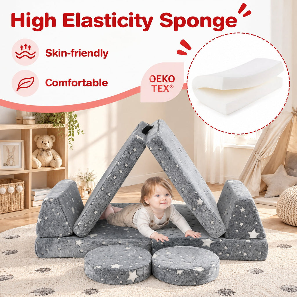 Airfind Modular Youth Play Couch Set Glow in the Dark with Portable Handles, Flannel Fabric Sponge, for 3 and Years Old, Gray