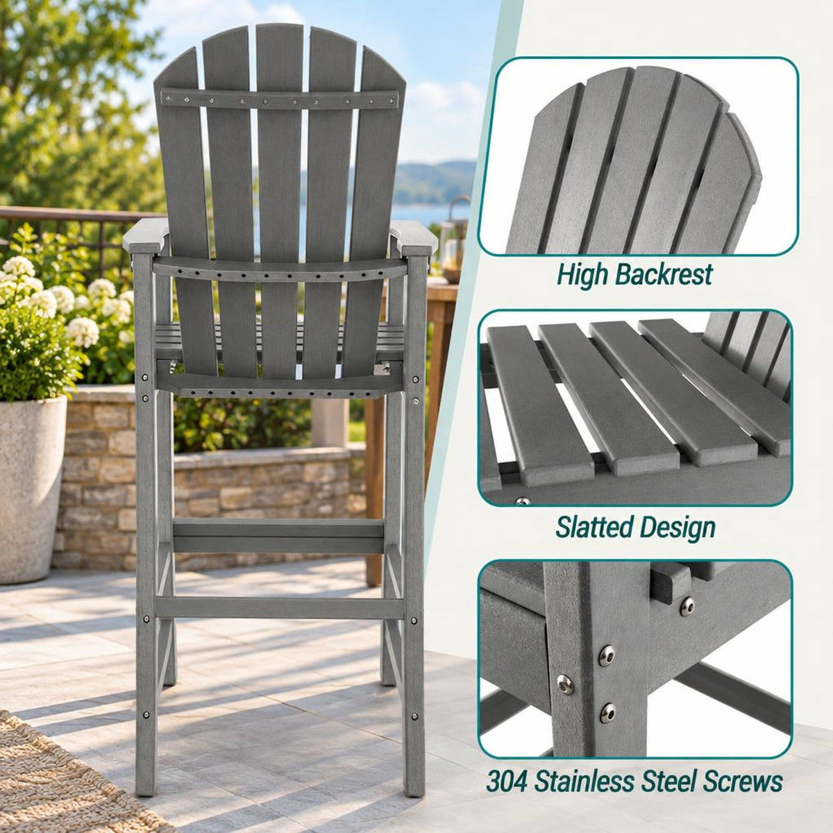 Airfind 30 Inches Counter Height Outdoor HDPE Bar Stool with Armrests and Footrest, 360 lbs Capacity, HDPE Frame, Gray
