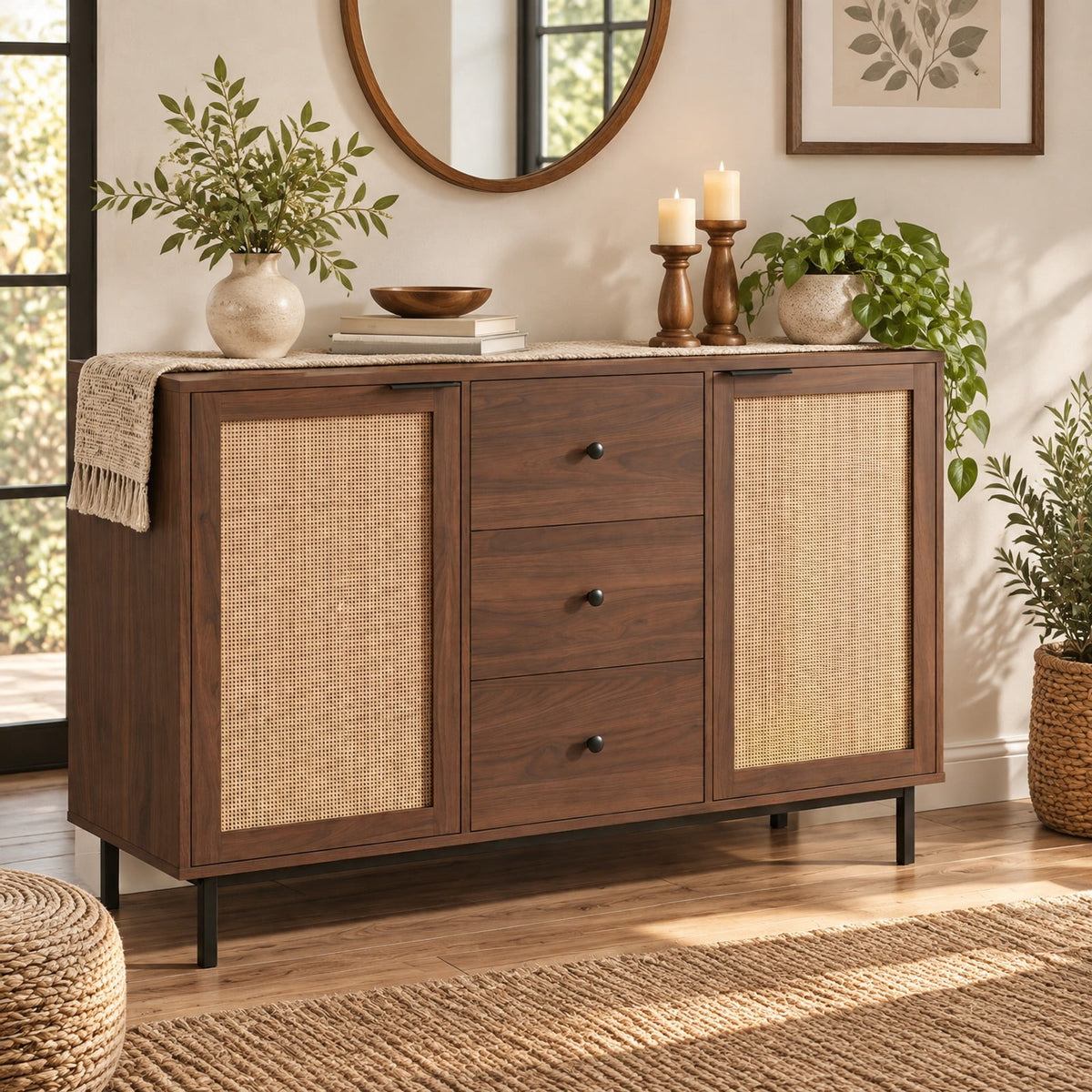 Airfind Sideboard Buffet Cabinet Rustic Farmhouse Coffee Bar Table with 2 Rattan Doors and 3 Drawers, 110 lbs Capacity, Engineered Wood Frame, Brown