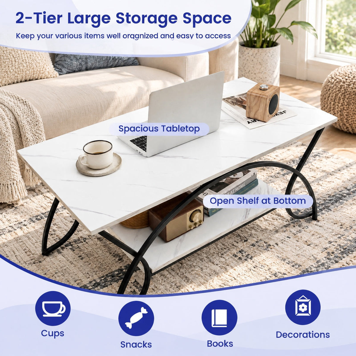 Airfind 2-Tier Faux Marble Coffee Table with Marble Top and Metal Frame, 110 lbs Capacity, Engineered wood steel Frame, Black White