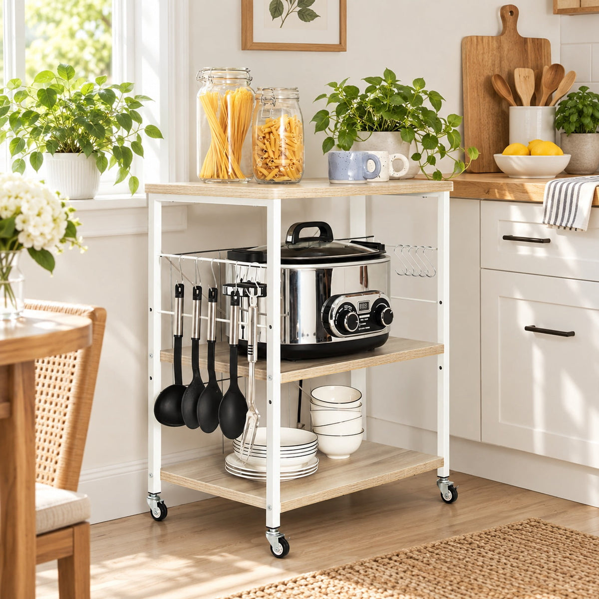 Airfind 3-Tier Kitchen Bakers Rack Microwave Oven Storage Cart with Hooks, 44 lbs Weight capacity of each shelf: 22 lbs Capacity, Iron Frame, Brown