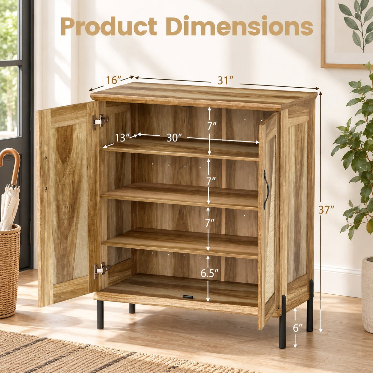 Airfind 5-Tier Wooden Farmhouse Shoe Cabinet with Woven Rattan Doors, 110 lbs Capacity, Engineered Wood MDF Metal PVC Frame, Natural