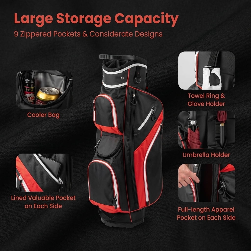 Airfind 14-Way Cart Bag with Rain Hood, Towel Ring and 9 Zippered Pockets, Red