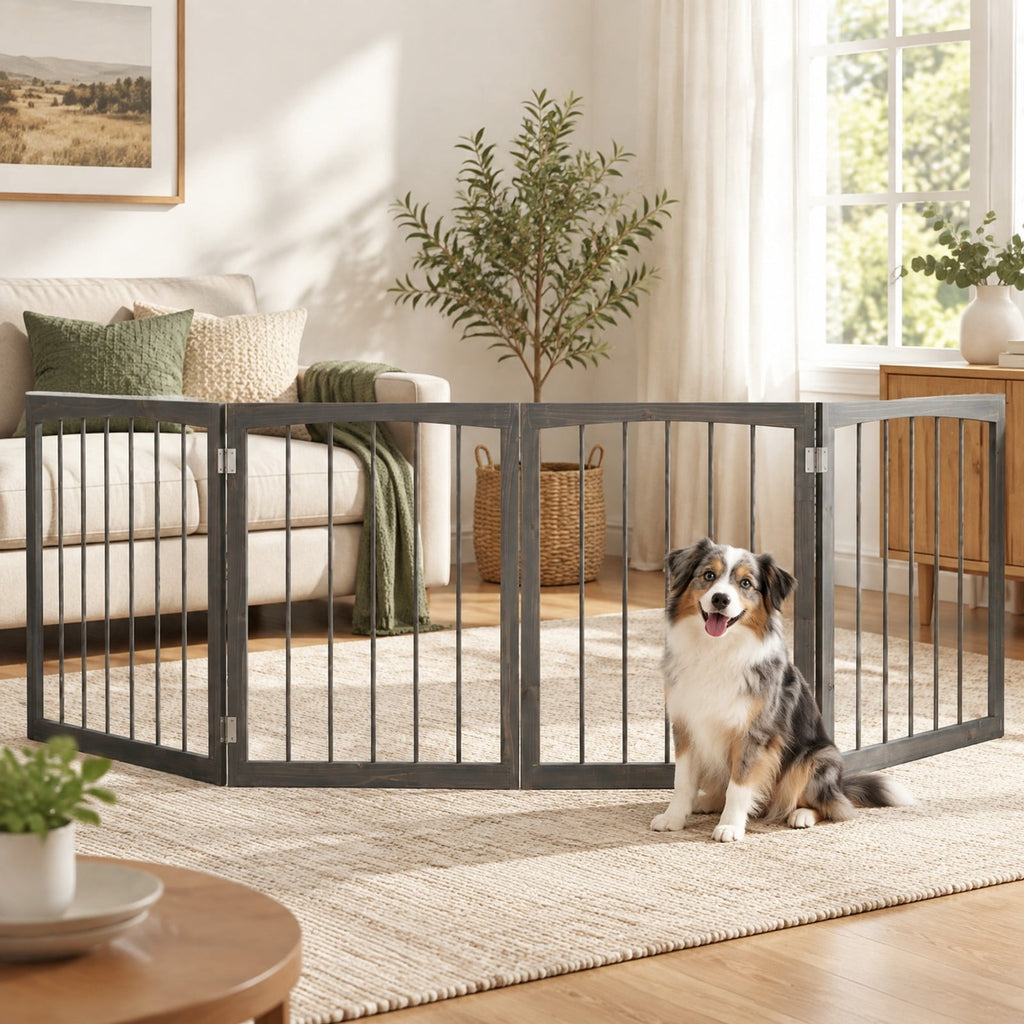 Airfind Wooden Pet Fence, 83 inch L x 30 inch H Dog Gate 4-Panel, for Indoor, Fir Wood Fully Expandable Frame, 21 Inch x 2.2 Inch x 30 Inch Footprint, Gray