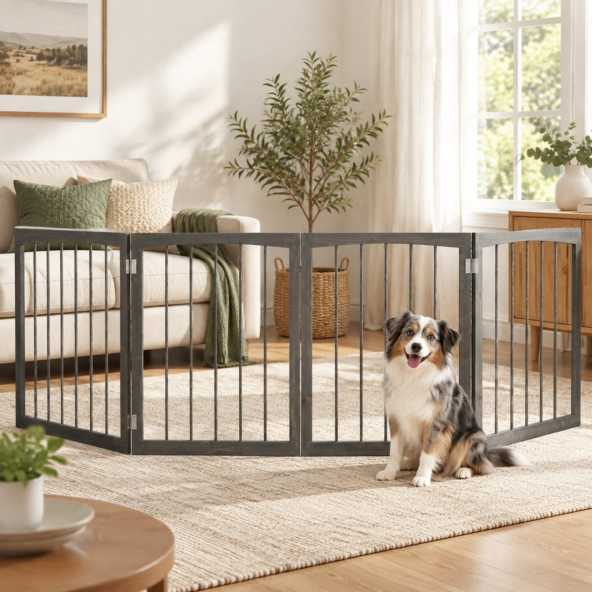 Airfind Wooden Pet Fence, 83 inch L x 30 inch H Dog Gate 4-Panel, for Indoor, Fir Wood Fully Expandable Frame, 21 Inch x 2.2 Inch x 30 Inch Footprint, Gray