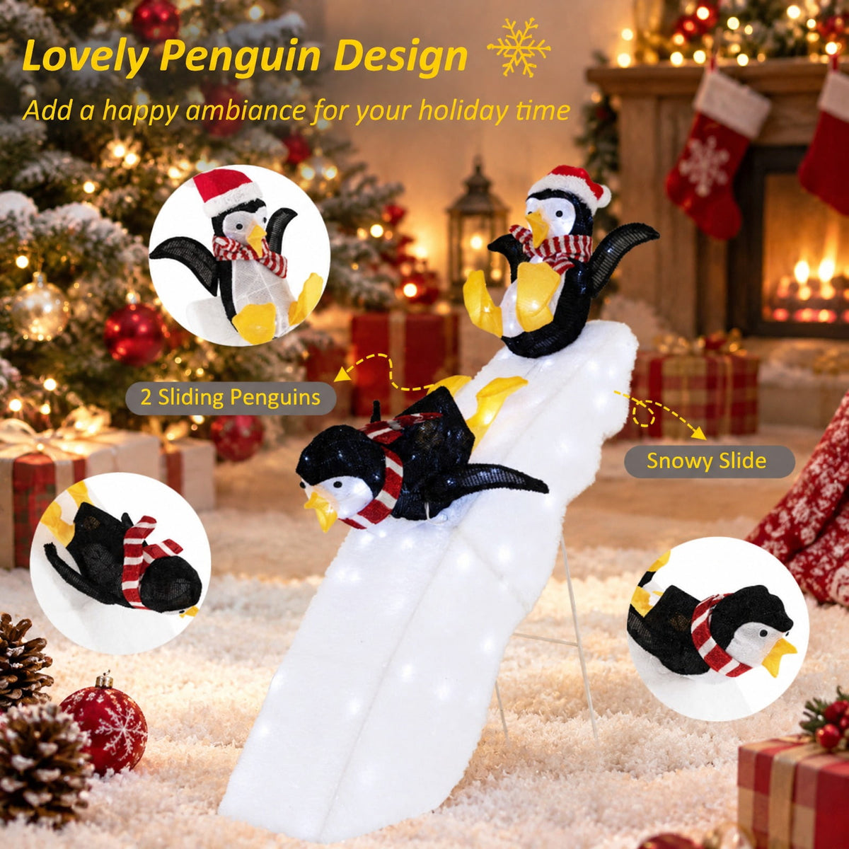 Airfind 4 Feet Christmas Penguin Ice Skating Decor with Snowy Slide, Tinsel Fabric Plush Fabric Metal Frame, Black+White+Yellow