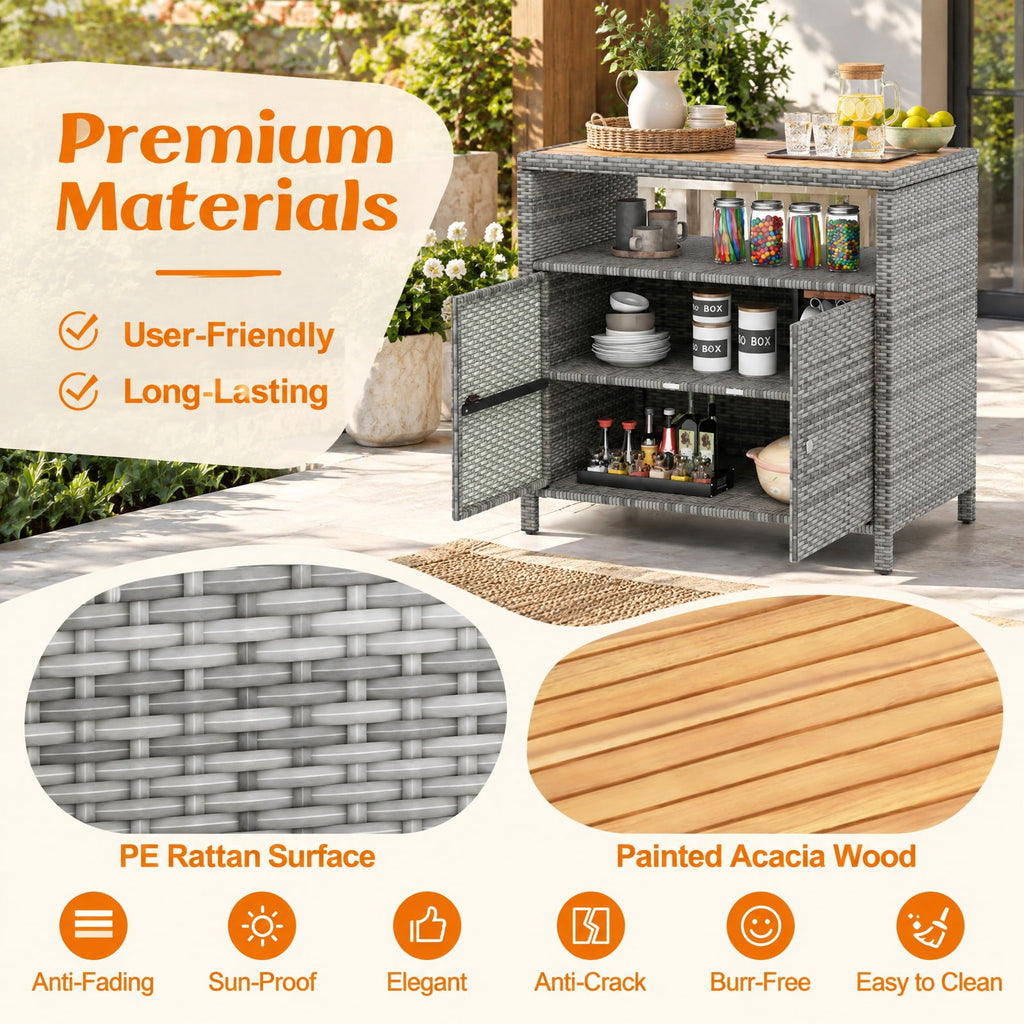 Airfind Rattan Storage Cabinet with Acacia Wood Countertop for Poolside Deck and Patio, 100 lbs Capacity, PE Rattan Acacia Wood Metal Frame, Gray