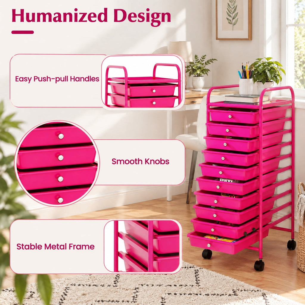 Airfind 10 Drawer Rolling Storage Cart Organizer with 4 Universal Casters, 3 lbs Capacity, Steel Plastic Frame, Pink