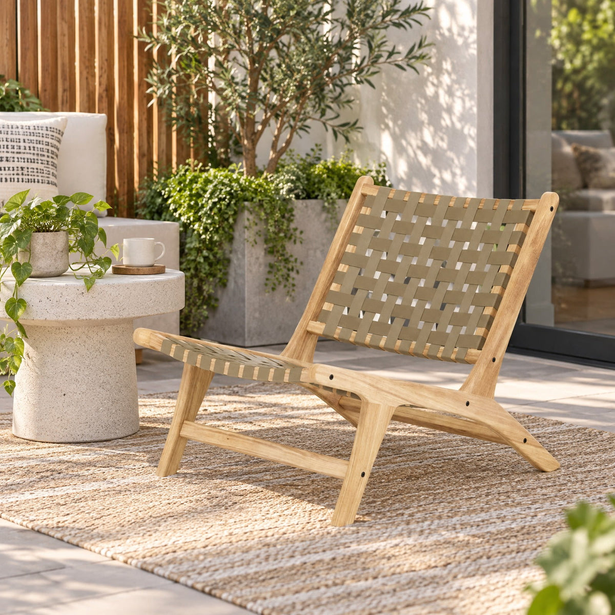 Airfind Modern Armless Teak Wood Lounge Chair with Nylon Woven Backrest and Seat, 240 lbs Capacity, Teak Wood Nylon Frame, Brown