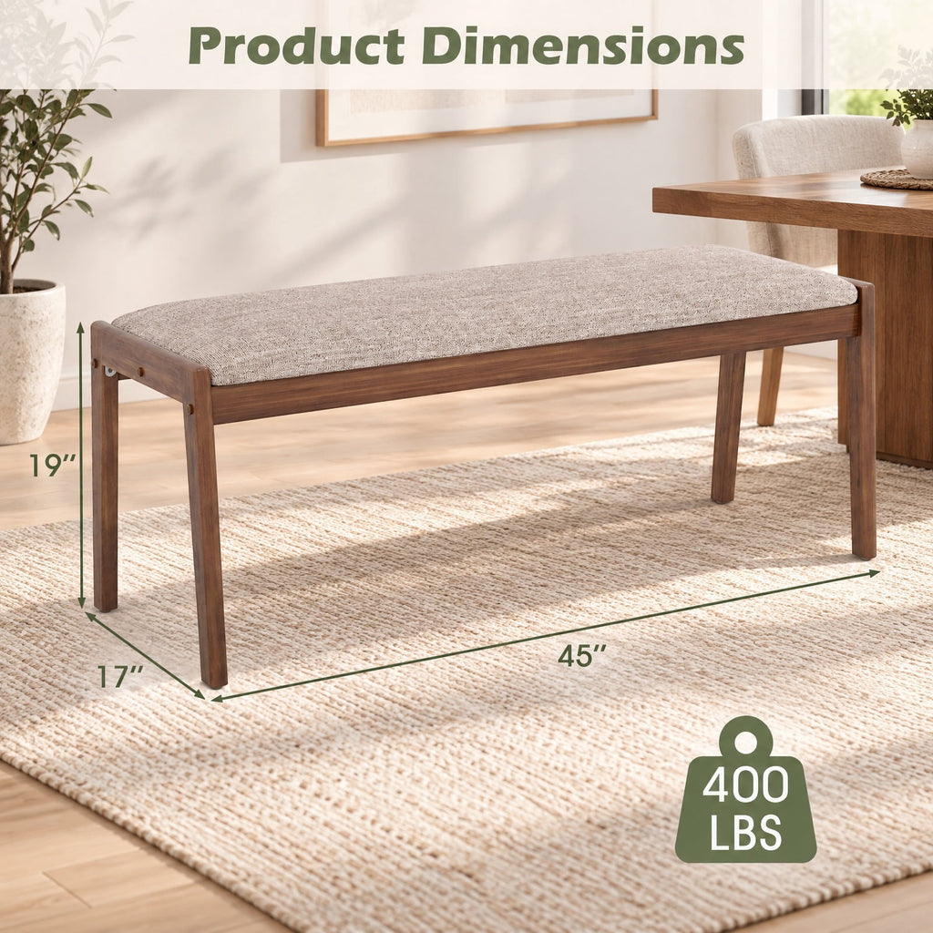 Airfind 45 Inch Farmhouse Backless Bench with Rubber Wood Legs and Fabric Padded Seat, 400 lbs Capacity, 45 x 17 x 19 Footprint, Beige