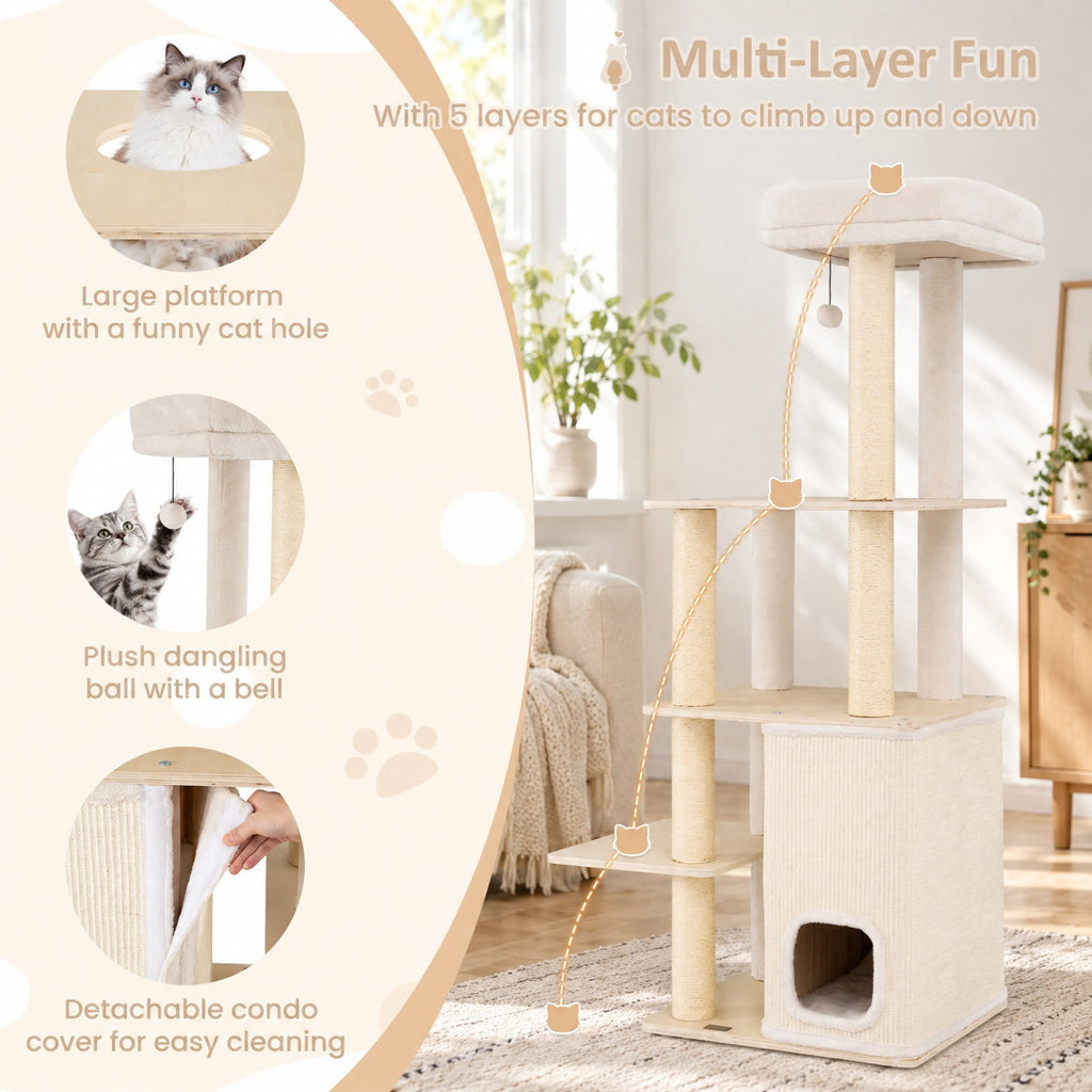 Airfind 63 Inch Tall Wooden Cat Tree with 2-Story Condo and Plush Padded Top Perch, 44 lbs Capacity, 23in x 19in x 63in Condo Footprint, Natural