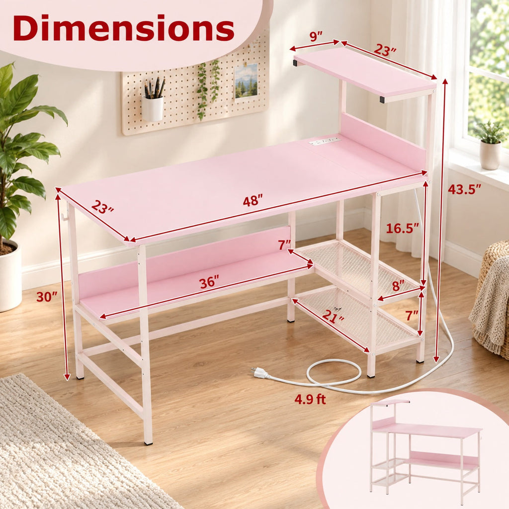 Airfind 48 Inch Computer Desk with Power Outlets and Storage Shelves, 88 lbs Capacity, Engineered Wood Metal Frame, 48 Inch x 23 Inch x 43.5 Inch Footprint