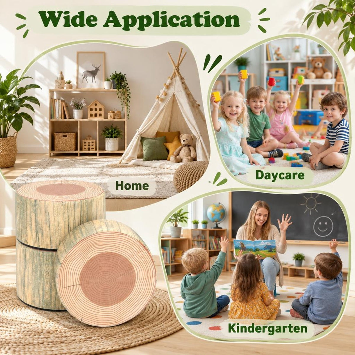 Airfind 3-Piece Tree Stump Stool Set with Wood Printing Nature Decoration, PU Leather, for 3 and Years Old, Natural for Home, Patio, Natural