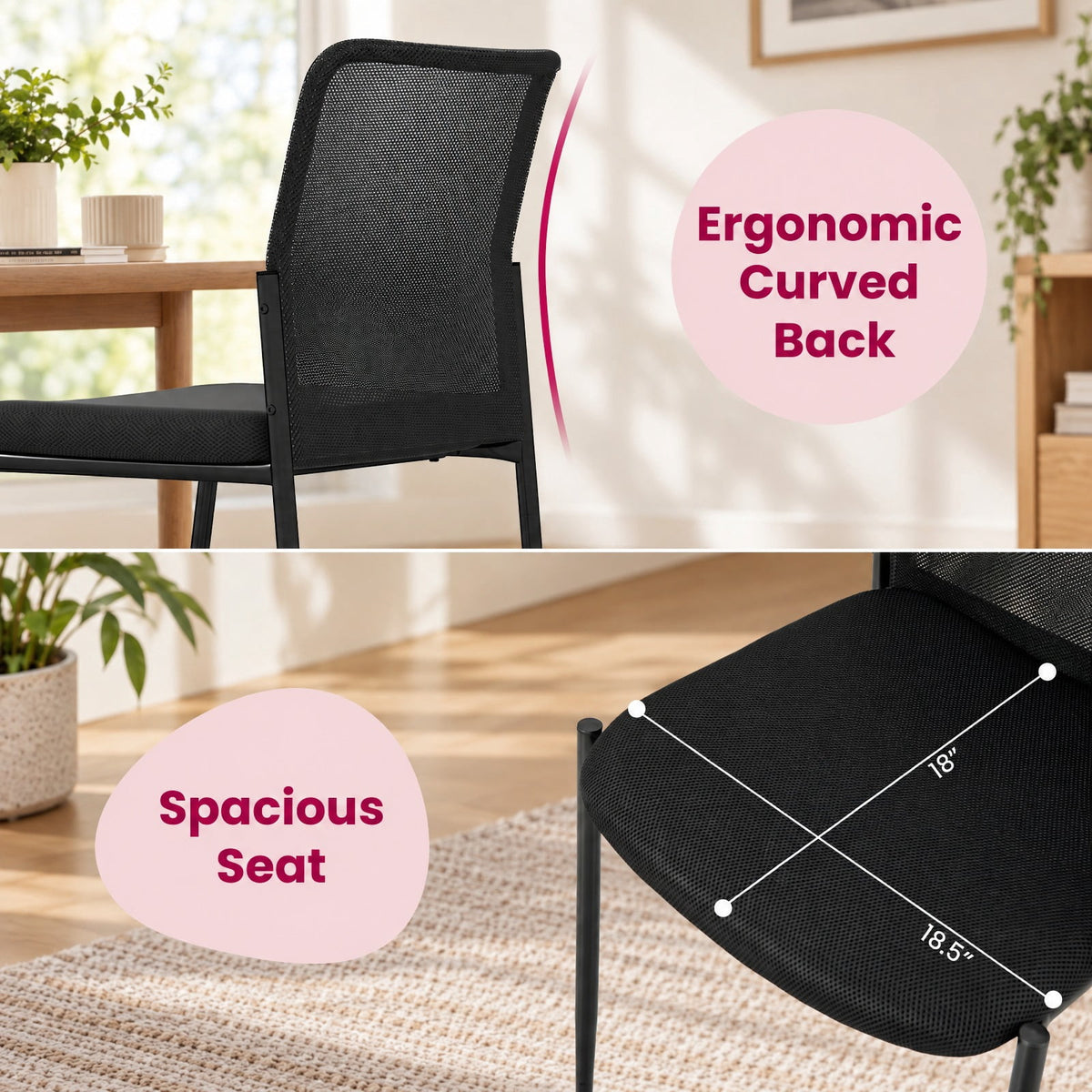 Airfind Waiting Room Chair Set of 2 with Ergonomic Mesh Backrest and Padded Seat, Mesh Fabric Sponge Metal Frame, 25 Inch x 20.5 Inch x 33 Inch Footprint, Black