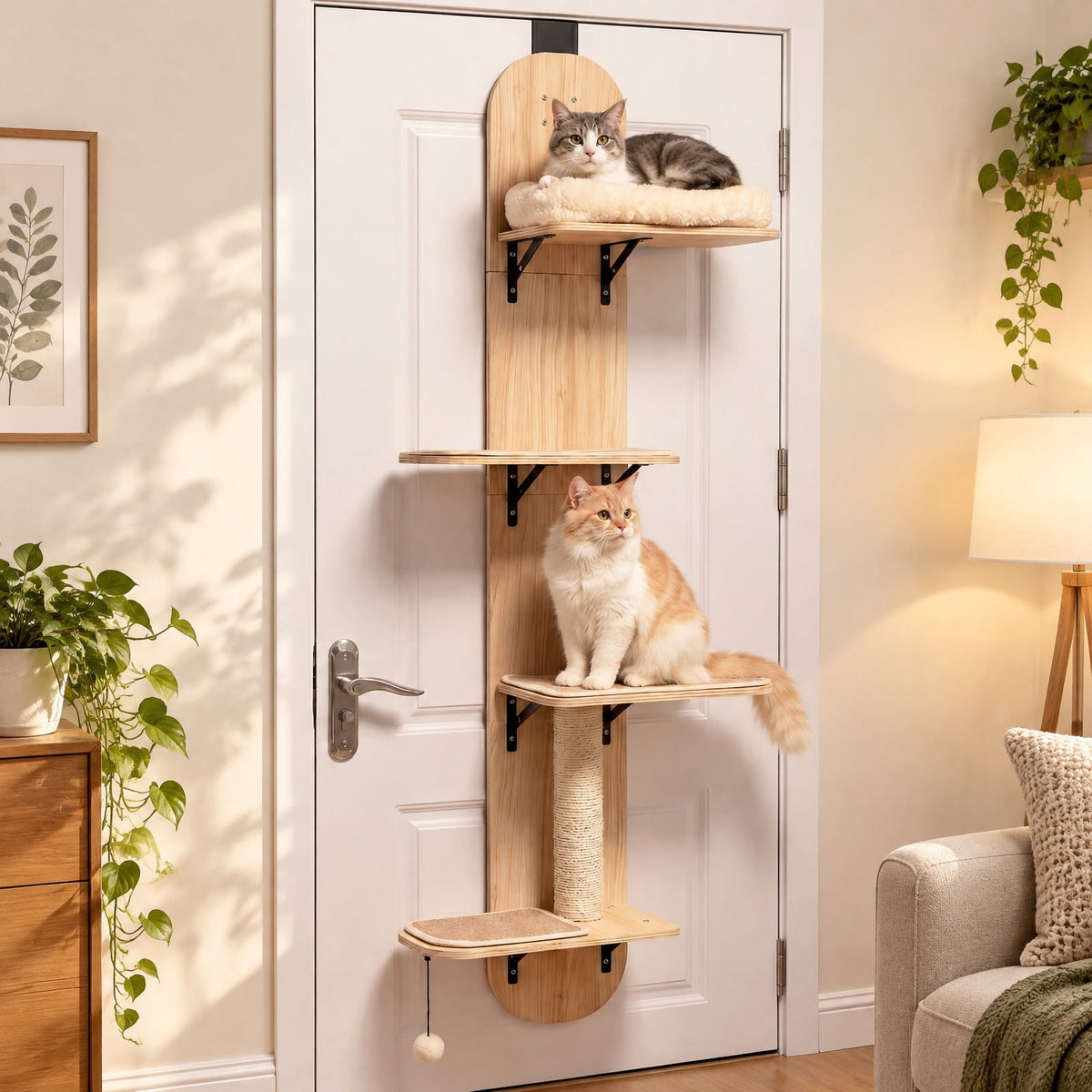 Airfind Door Hanging Cat Climber 4-level Height Adjustable with Plush Bed, 11 lbs Capacity, Solid Plywood Jute Rope Plush Fabric Frame, Beige