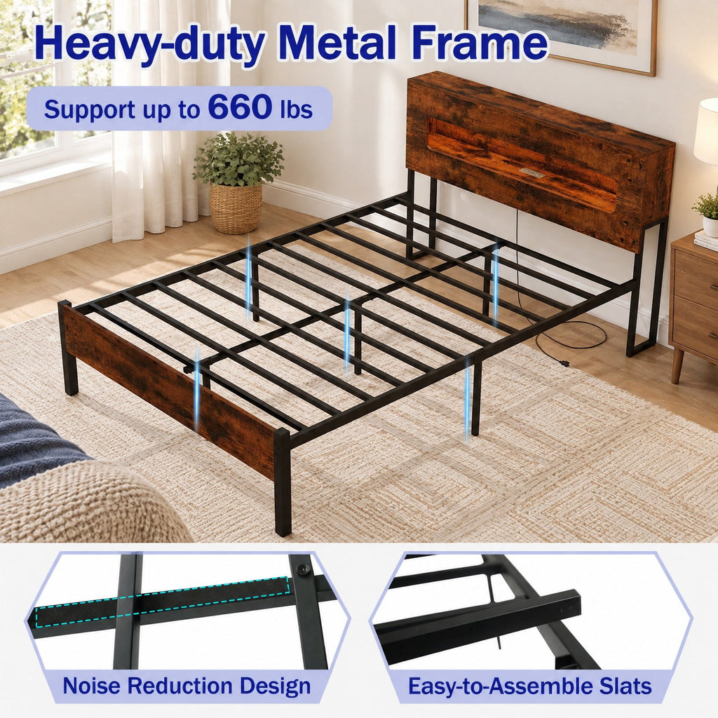Airfind Slatted Full Bed Frame with LED Lights and Storage Headboard No Box Spring Needed, 660 lbs Capacity, Engineered Wood Metal Frame