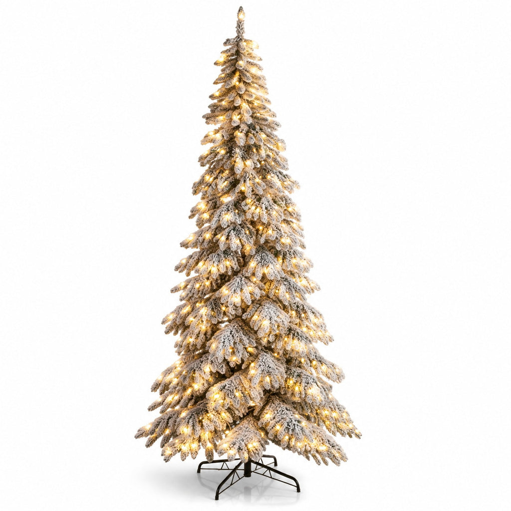 Airfind 9 Feet Pre-Lit Artificial Xmas Tree Hinged Xmas Tree with Quick Power Connectors, PVC Metal Frame, 4.4 x 9 ft Footprint, White