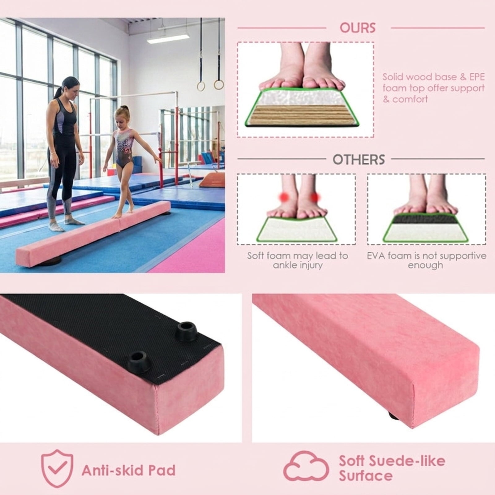 Airfind 7 ft Folding Practice Balance Beam with Suede Cover, Anti-Slip Pads and Pine Wood Frame, Pink