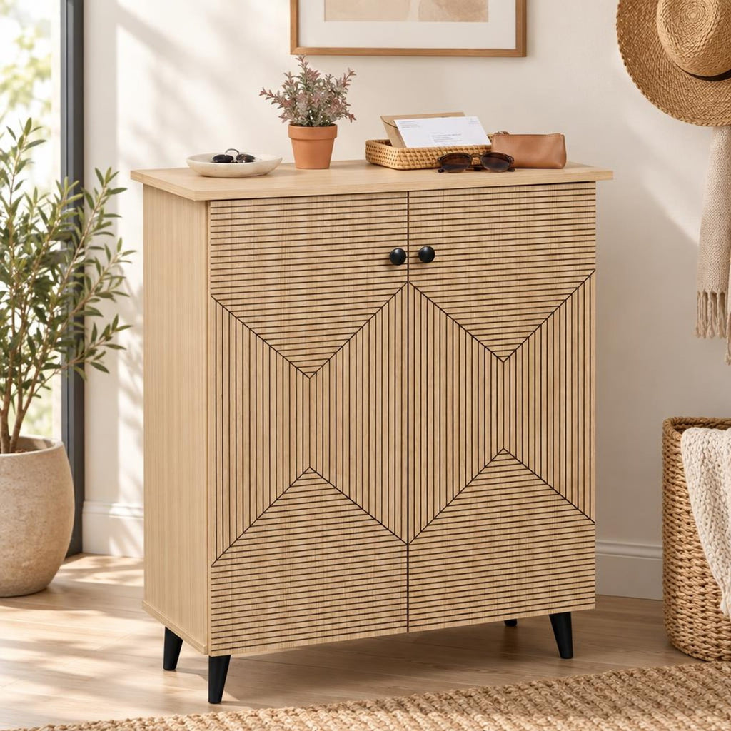 Airfind High‑quality 2‑Door Geometric Cabinet Freestanding Decorative Footwear Storage Unit with Carved Panels for Indoor Home Use, 66 lbs Capacity
