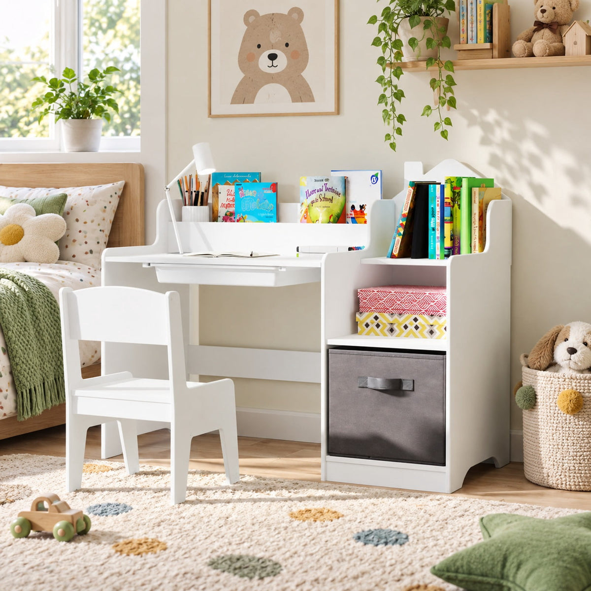 Airfind Kids Study Desk and Chair Set with Open Shelves Drawer and Fabric Storage Bin, 44 lbs Capacity, MDF Non-woven Fabric Desk Frame, White