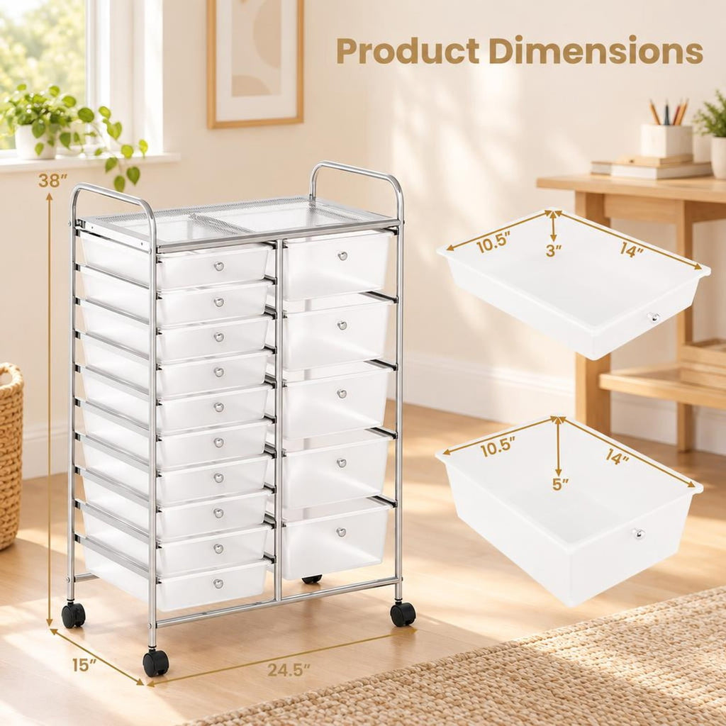 Airfind Rolling Storage Cart 15-Drawer Trolley with Chrome Plated Metal Frame, 22 lbs Capacity, Metal PP Frame, 24.5 × 15 × 38 Footprint