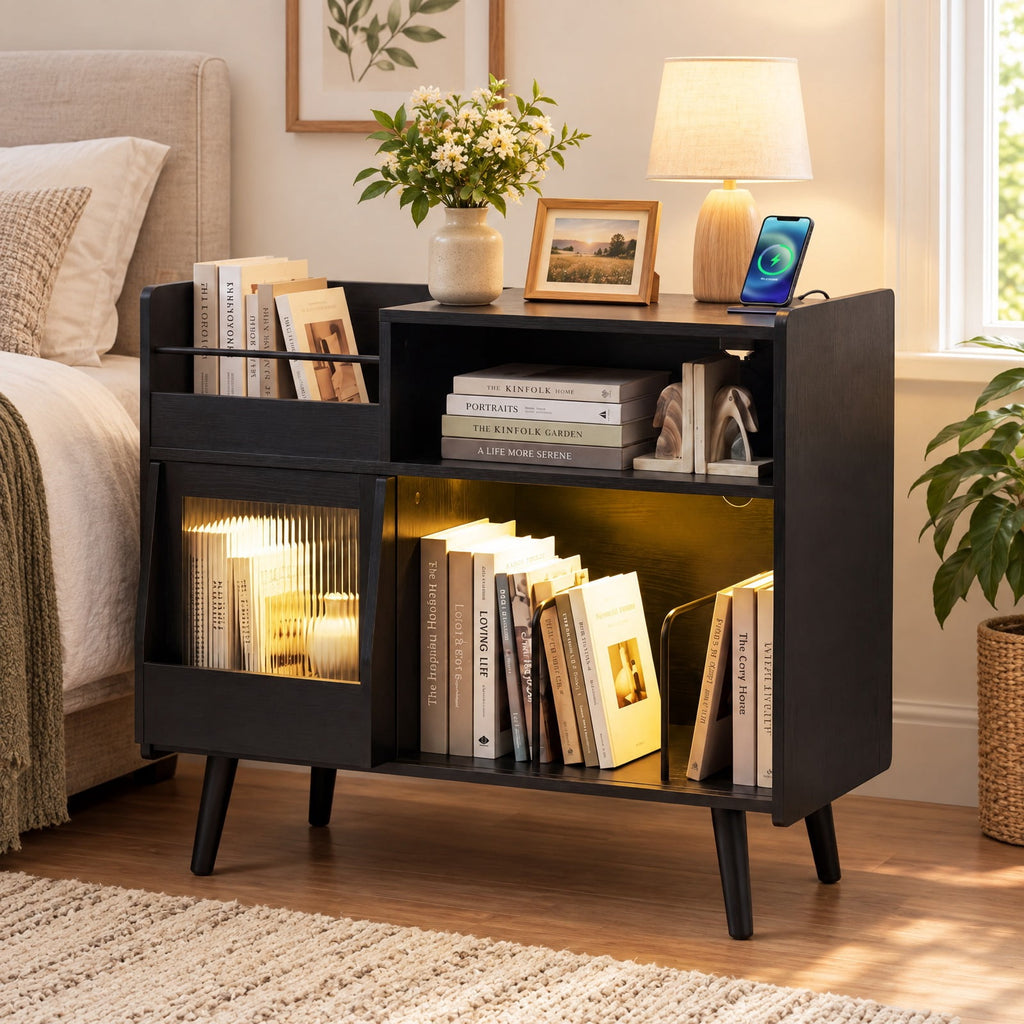 Airfind Record Player Stand with LED Light and Power Outlets, 66 lbs Capacity, PC board Plastic