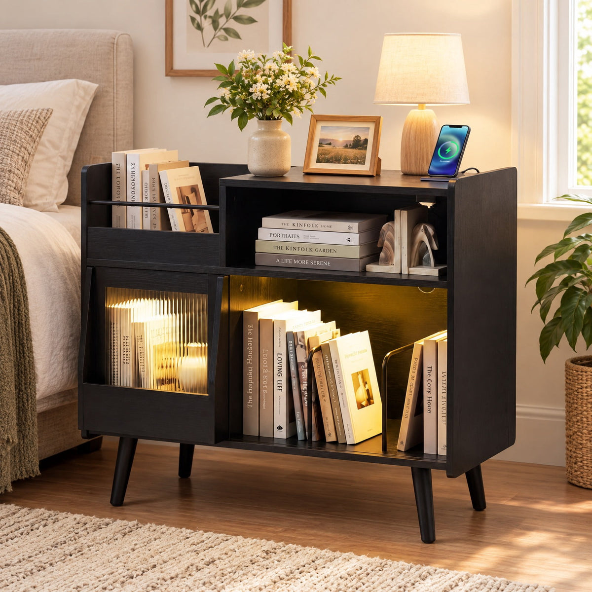 Airfind Record Player Stand with LED Light and Power Outlets, 66 lbs Capacity, PC board Plastic