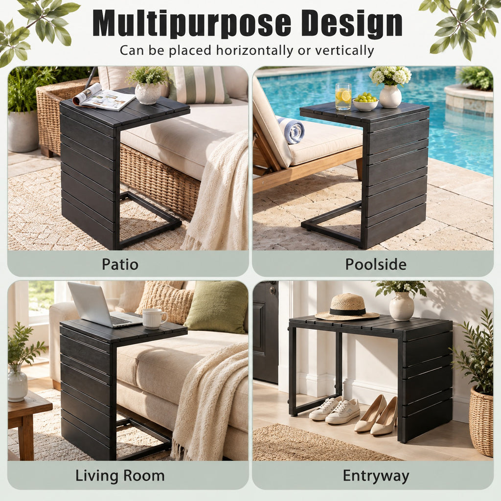 Airfind Space-Saving C-Shaped Side Table with Wood-Plastic Top for Indoor Outdoor, 55 lbs Capacity, Metal PP Frame, 15 x 14.5 x 21 Footprint