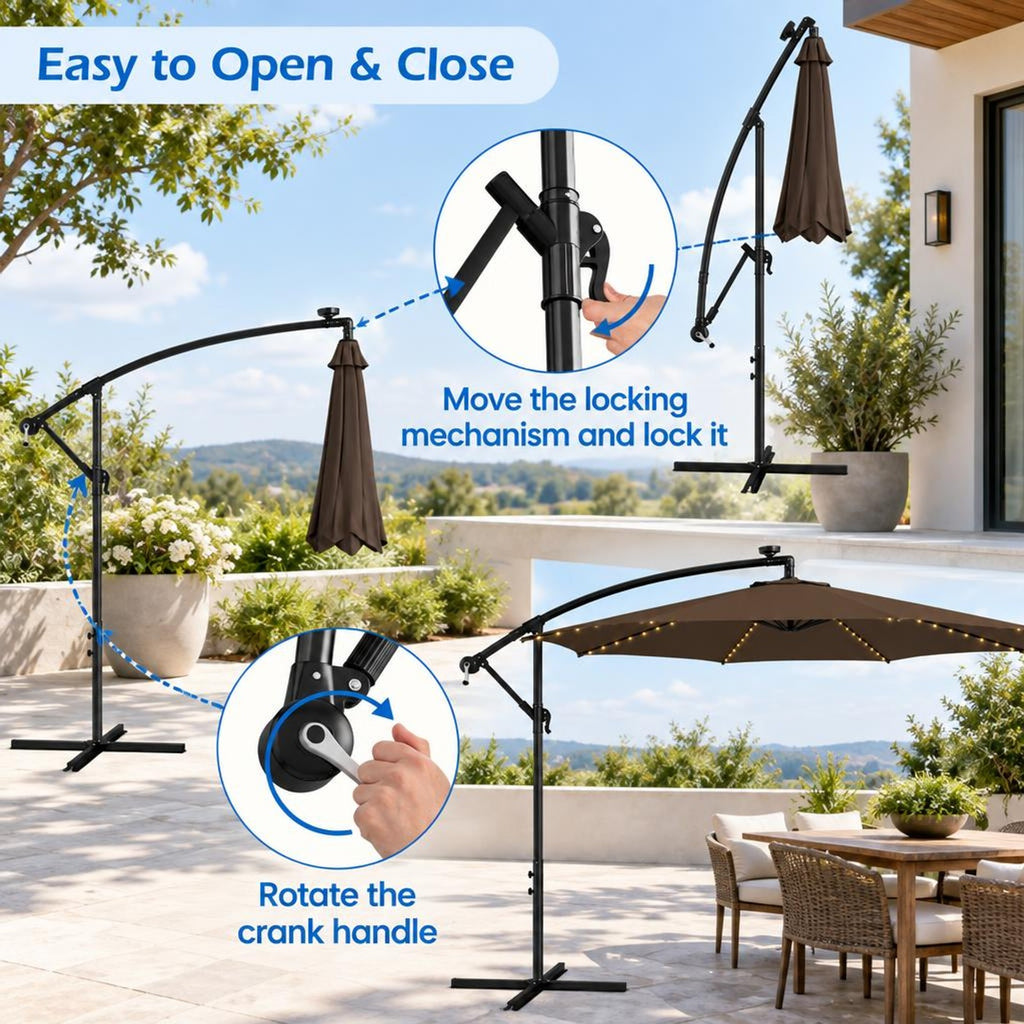 Airfind 10 Feet Patio Offset Umbrella with 112 Solar-Powered LED Lights-Beige, Polyester Fabric Metal Frame, 10 x 8 ft Footprint, Coffee
