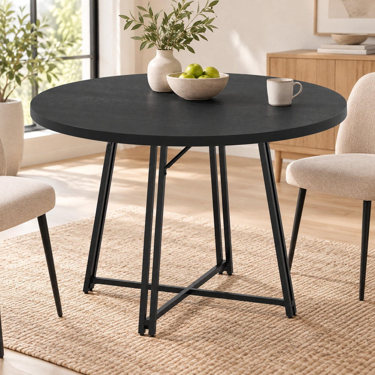 Airfind 47 Inch Dining Table for 4-6 People Round Kitchen Table with Cross Base, 200 lbs Capacity, Metal MDF Frame, 47 x 30.5 Footprint, Black
