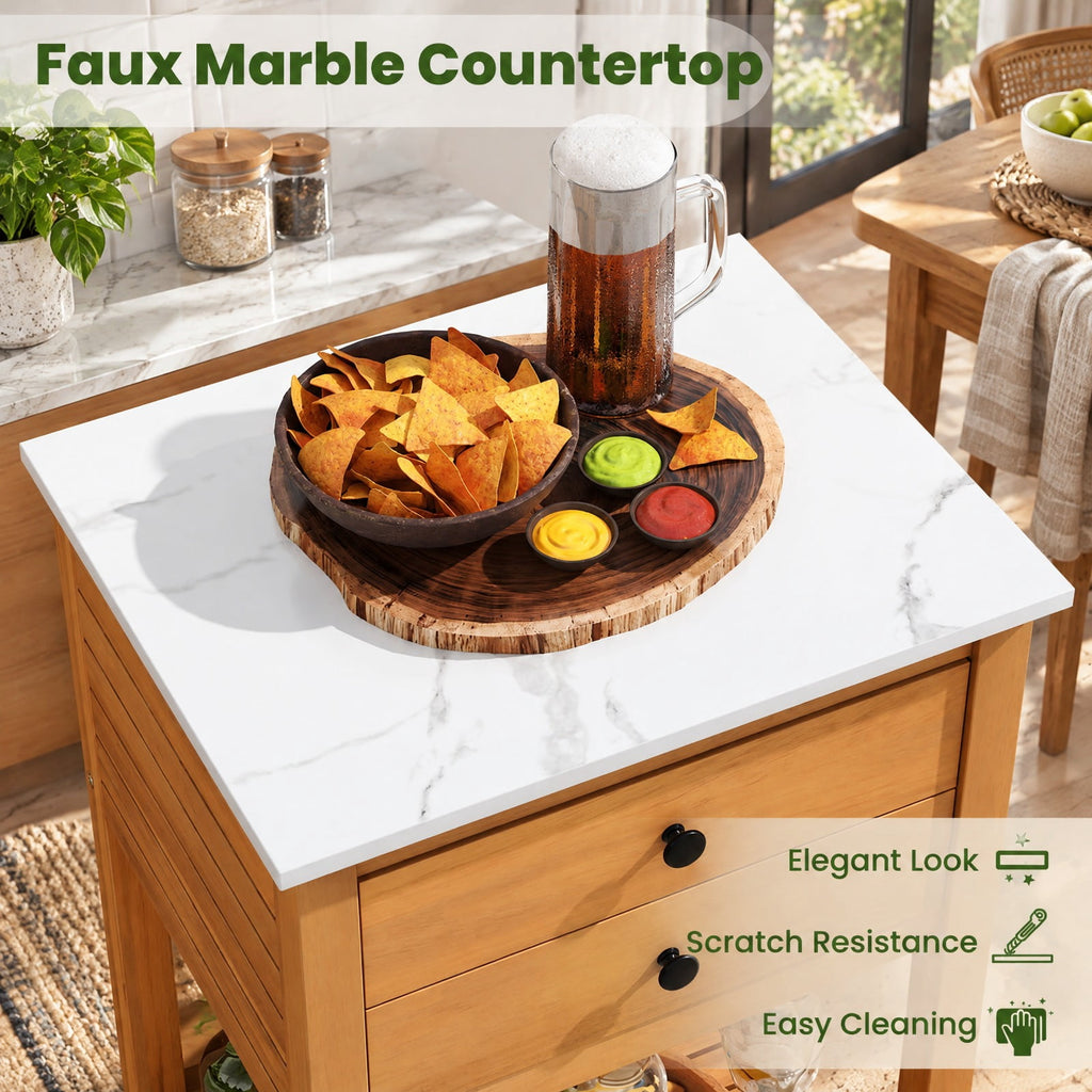 Airfind Patio Acacia Wood Storage Cabinet Patio Buffet Cabinet Bar Table with Faux Marble Countertop, 165 lbs Capacity, Acacia Wood Resin Frame