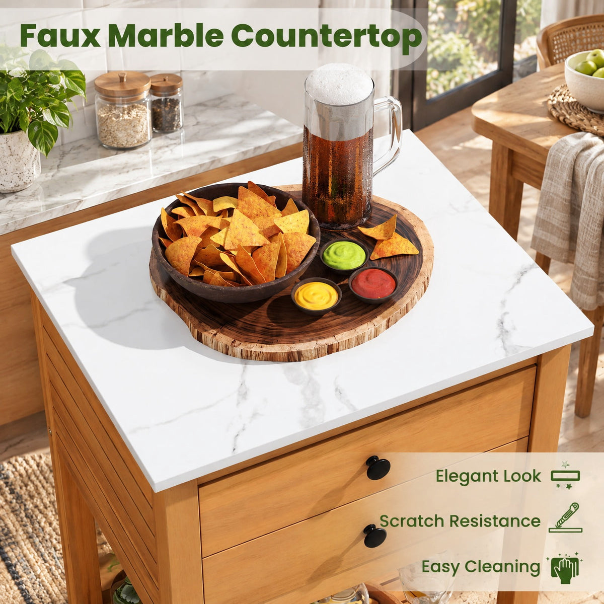 Airfind Patio Acacia Wood Storage Cabinet Patio Buffet Cabinet Bar Table with Faux Marble Countertop, 165 lbs Capacity, Acacia Wood Resin Frame