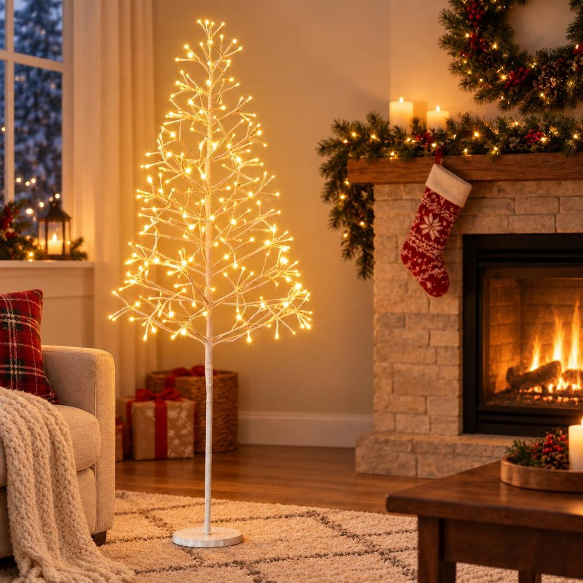 Airfind 5 FT Lighted Birch Tree Pre-lit Twig Tree with 240 Warm White Light LED Lights-5 FT, Metal PVC Concrete Frame, White