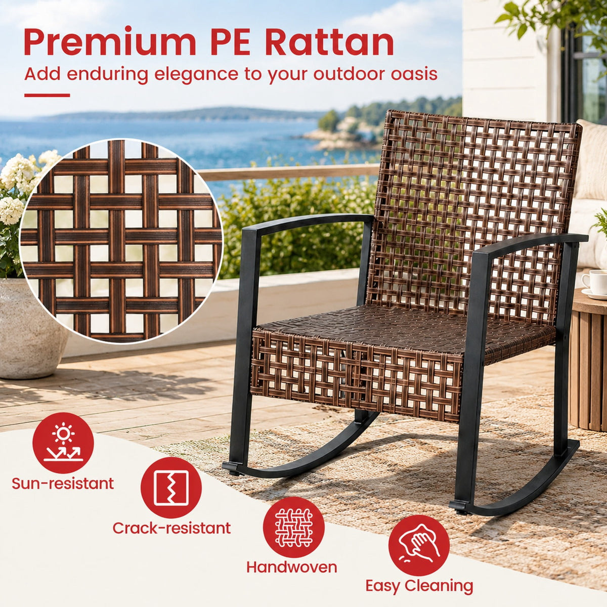 Airfind 3-Piece Outdoor Rocking Chair Set, 100 lbs Capacity, PE Rattan Metal Glass Polyester Non-woven Fabric Sponge Frame, Gray