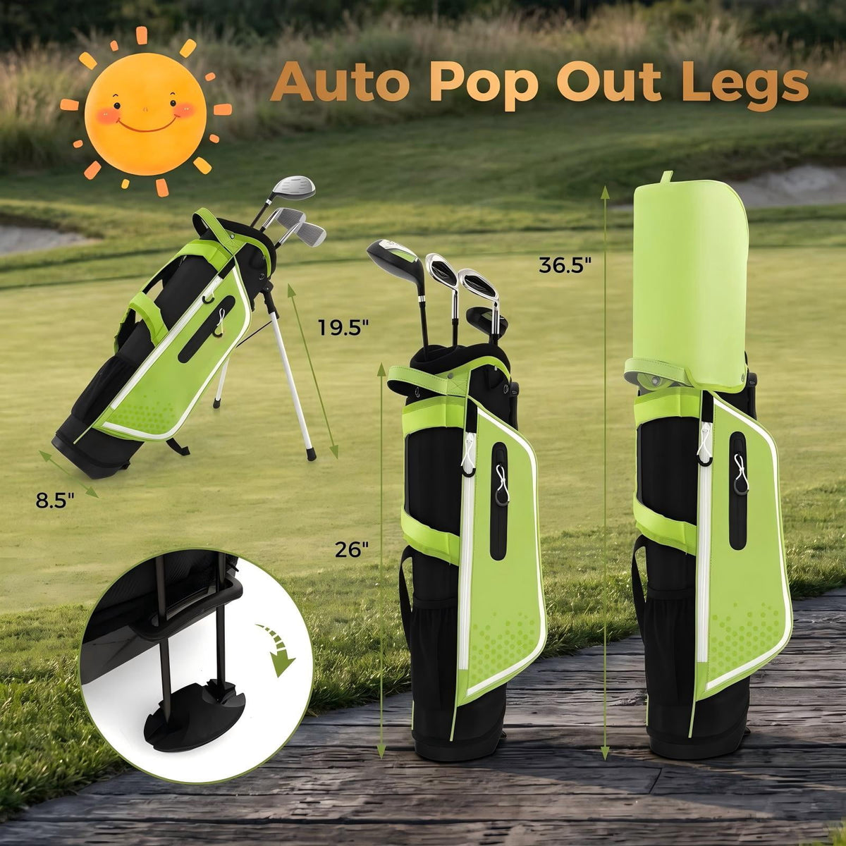 Airfind Junior Complete Golf Club Set for Kids Ages 8-10, Right Handed Youth Golf Clubs with Stand Bag, Rain Hood, Driver, Irons and Putter, Green