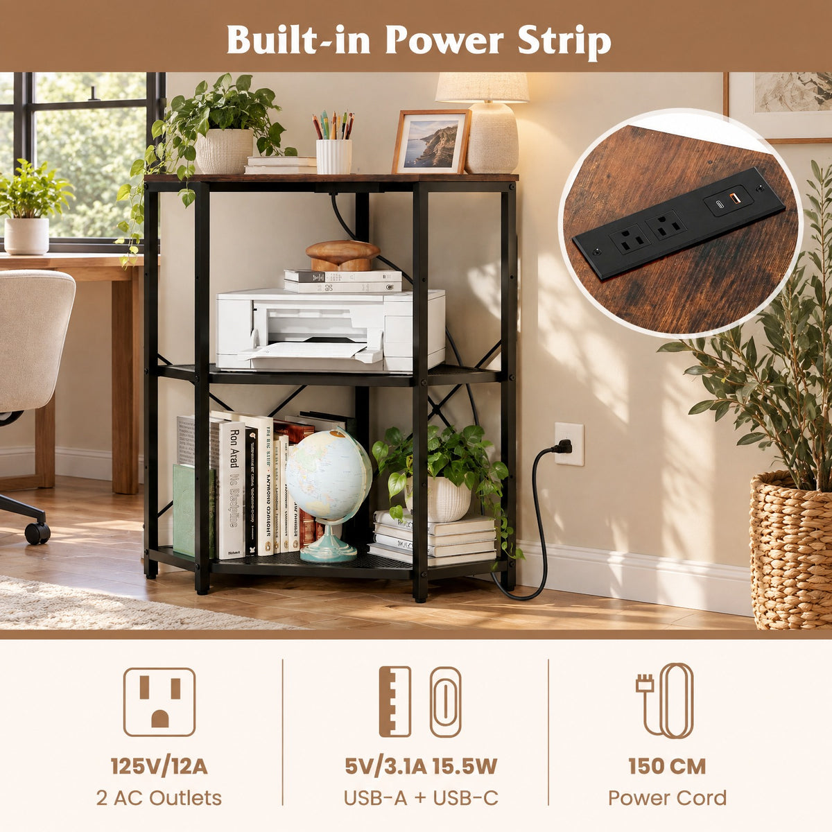 Airfind Corner Printer Stand with Power Outlet 3-Tier Storage Rack with Adjustable Shelf, 70 lbs Capacity, Engineered Wood Metal Frame, Brown