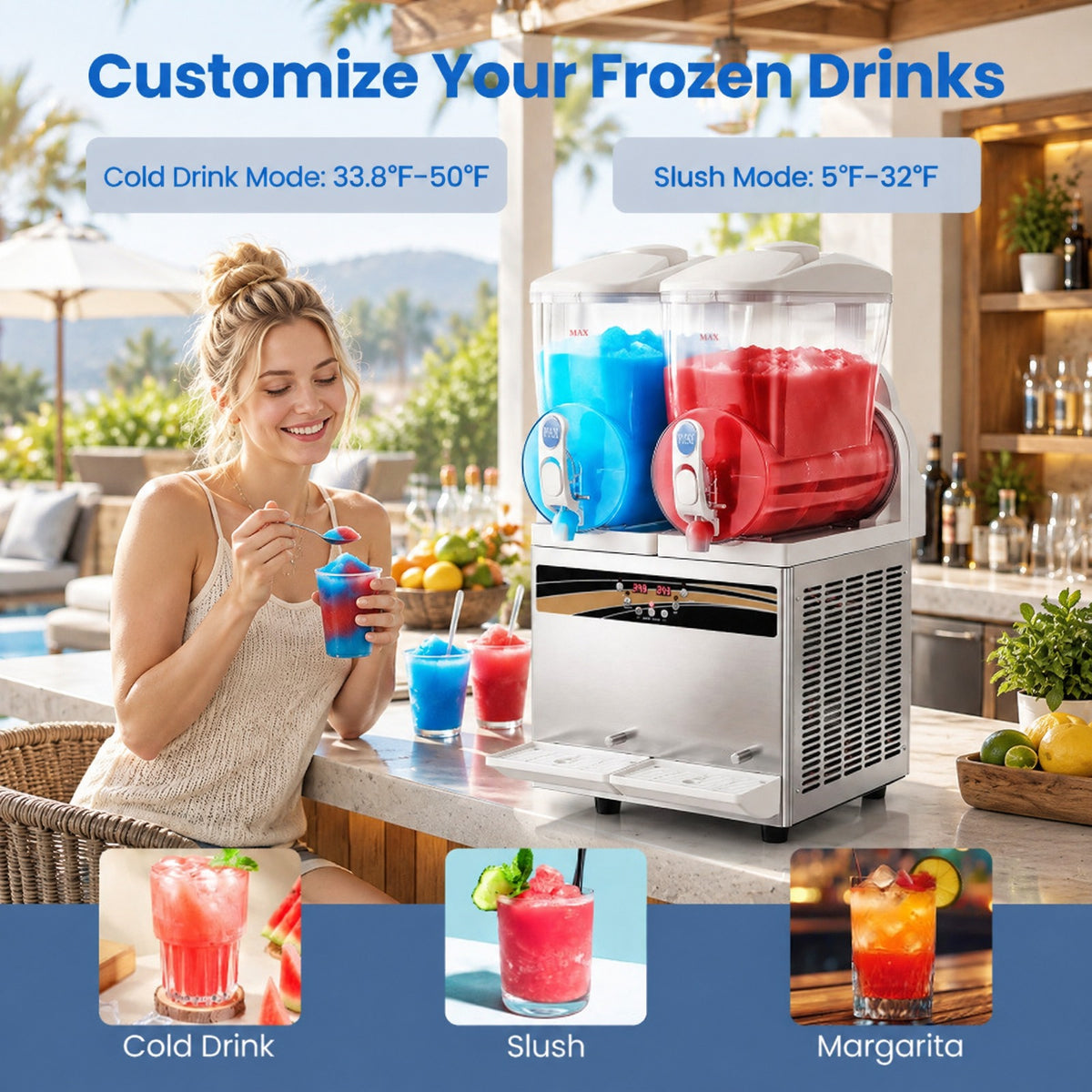 Airfind 8 Gal Commercial Slushie Machine with LED Lights, Silver, 2 tanks for serving drinks in 2 flavors, Get your slush prepared in about 30 minutes